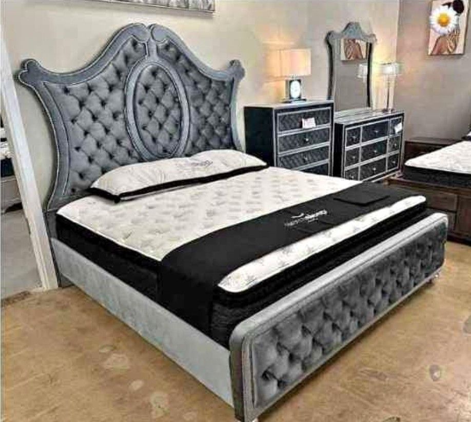 Cameo Gray Bedroom Furniture Set 🌟 Queen/King Size Bed, Chest, Dresser, Mirror, Nightstand, Mattress ⭐$39 Down Payment with Financing ⭐ 90 Days same