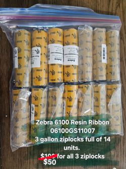 Zebra 6100 Resin Ribbon 06100GS11007

3 gallon ziplocks full of 14 units.
