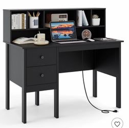48" Computer Desk with Power Outlets Type-C 5-Cubby Hutch & 2 Storage Drawers Black