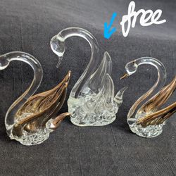 Pair of Miniature Art Glass Swan Bird Figurine *Free Gift