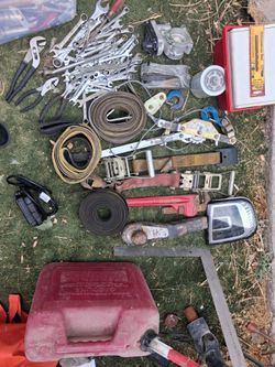 “Tool lot + straps + come-along + 2 gas cans and more