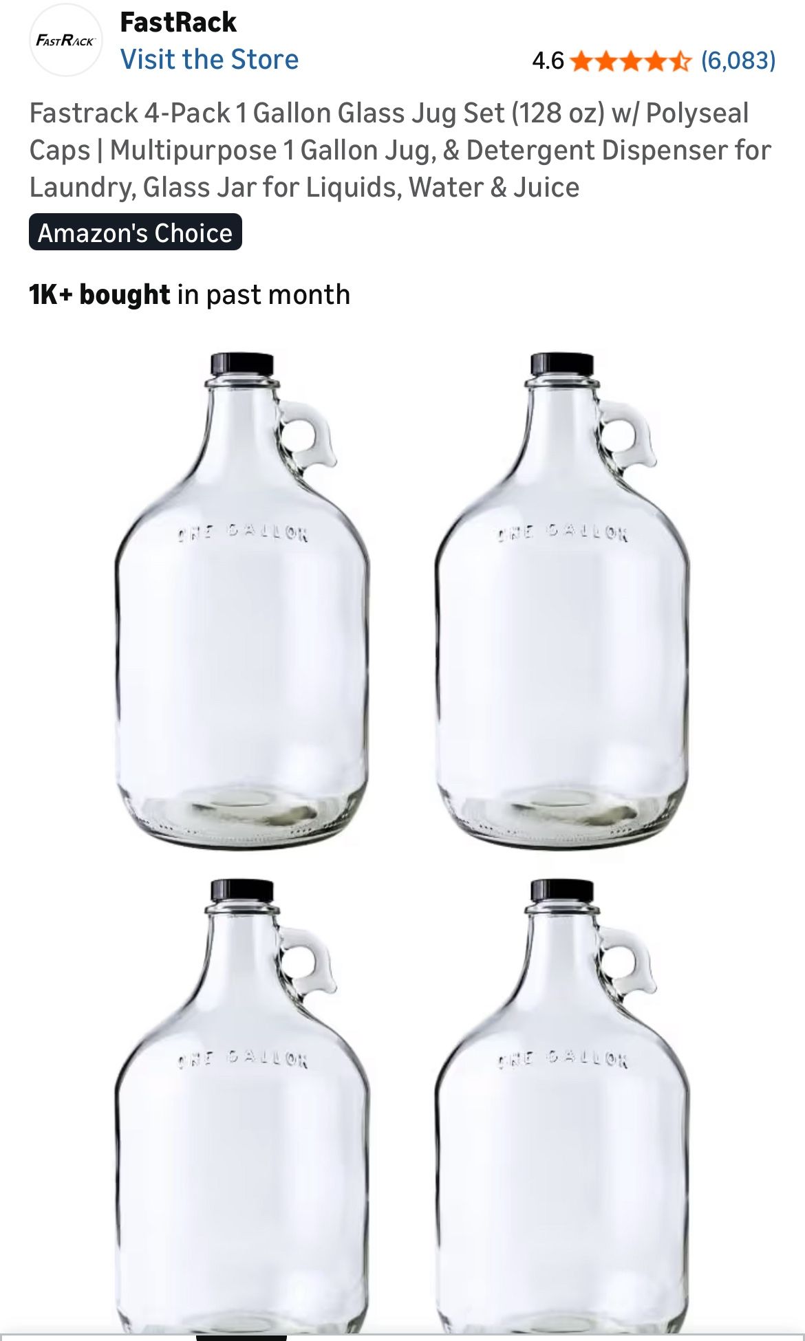 Fastrack 4-Pack 1 Gallon Glass Jug Set (128 oz) w/ Polyseal Caps | Multipurpose 1 Gallon Jug, & Detergent Dispenser for Laundry, Glass Jar for Liquids