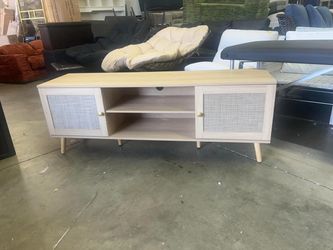 Rattan TV Stand for 55/60/65/70 inch TV, Boho 59" Entertainment Center with Storage, Modern Mid Century Media Console with Rattan Doors and Adjustable