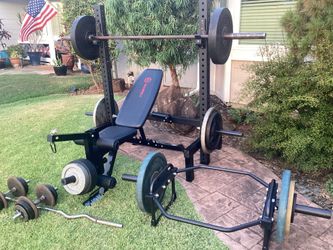 Squat Rack Weight Bench & 500 lbs. + Trap Bar