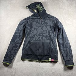 Vintage Roxy Y2K Women’s L Spell-Out Hoodie Surf Skate AOP Reversible RARE#3044
