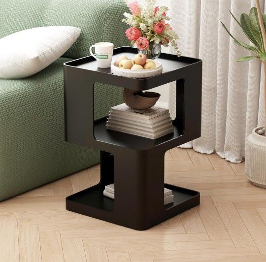 Metal Black Nightstands, Modern Side Table with 3 Tiers Storage, Small End Table for Couch, Living Room Bedroom, Bedside Tables No Assembly Required