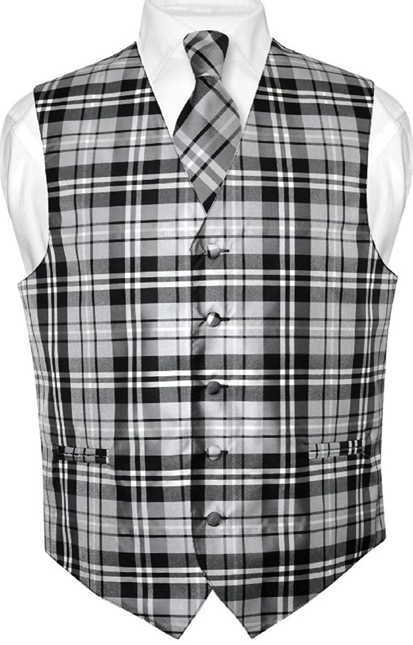 Men's Plaid Design Dress Vest & Necktie Neck Tie Set