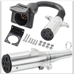 Oyviny 7 Pin Round to 7 Pin RV Trailer Adapter with Mounting Bracket + 7 Way Round Pin Trailer Plug with Extension Spring