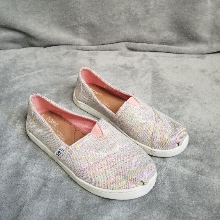 TOMS Pink Multicolored Metallic Big Girls Sz 3 Striped Canvas Slip on Shoes