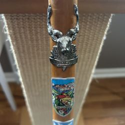 Vintage German Walking Stick Wanderstock Cane with 8 Souvenir Badges - Mountain Climbing Alpenstock Pixaxe axe handle