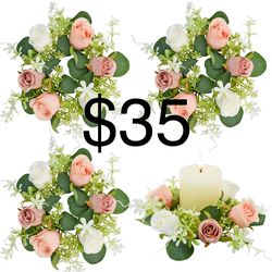 Small Candle Rings Wreaths 4Pcs Pink Rose Artificial Flowers Mini Christmas Wreath for Wedding Kitchen Table Home Decor (Pink