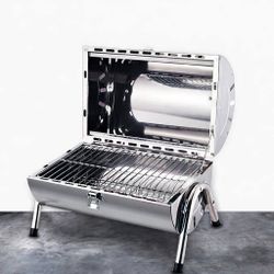 Portable stainless steel charcoal grill. Perfect for backyard BBQ, camping, picnic, or balcony grilling.