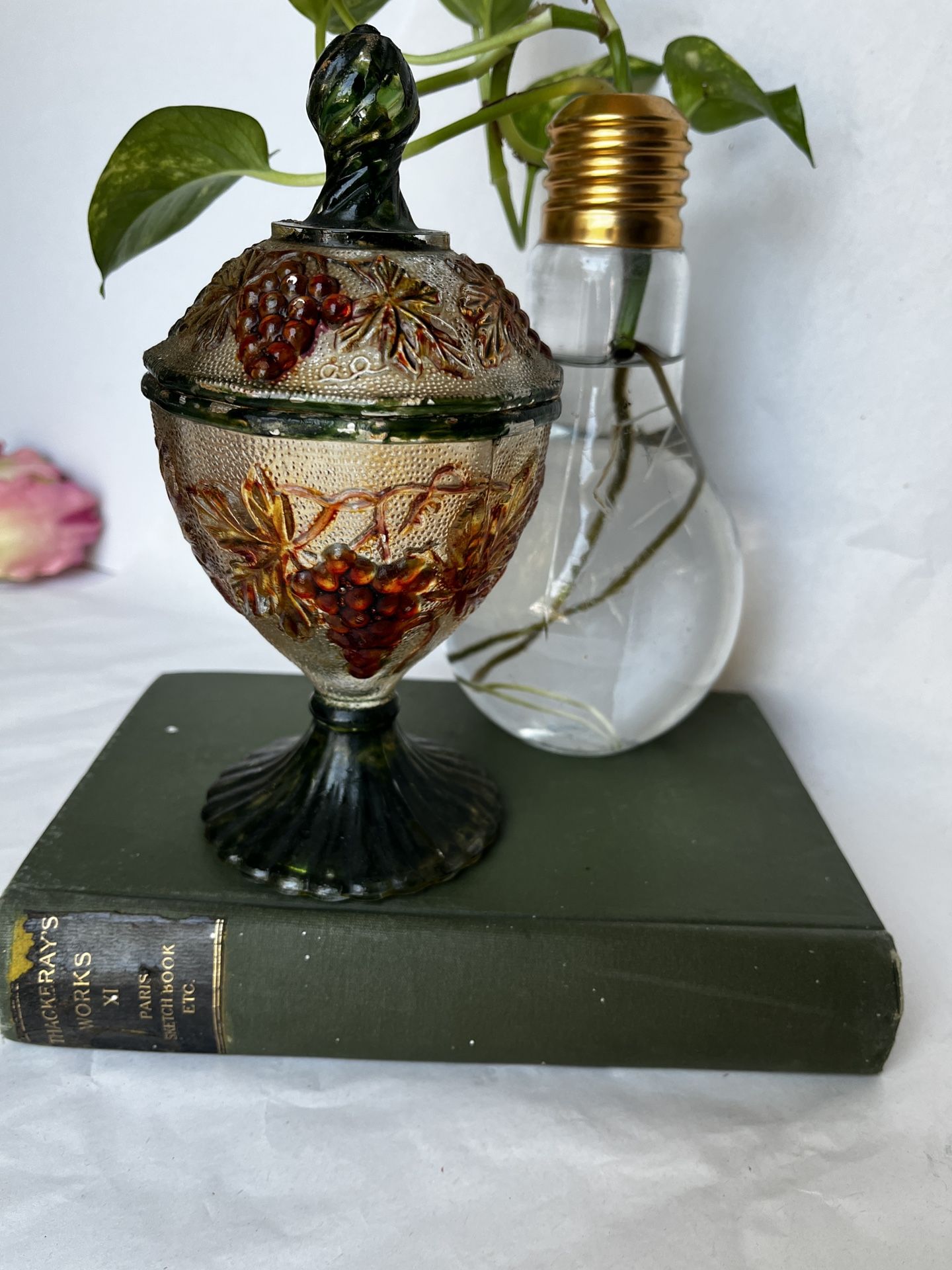 Vintage Candy Dish With Raised Grape Vine Design Depression Glass