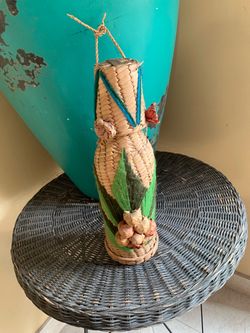 Vintage Mid Century Mexican Natural Straw  Bottle Insulator with Cup