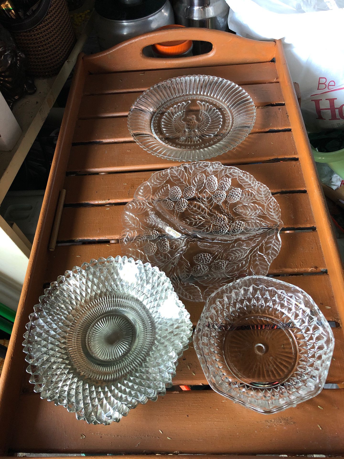 4 cut glass antique desserts plate 1 American eagle 🦅 plat,1 3 sectin plate and bowl , 7 pieces.