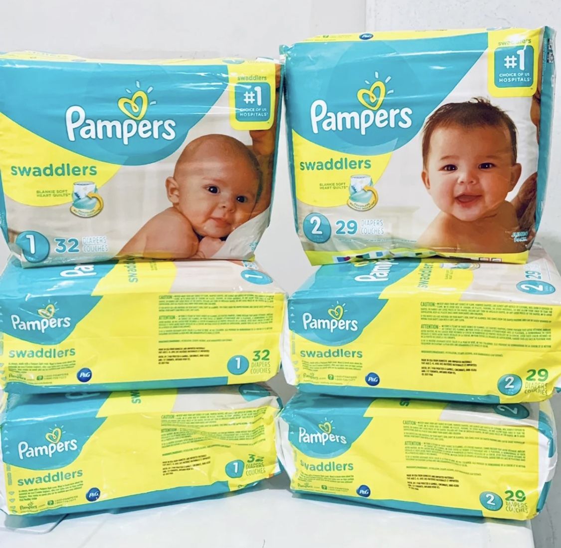 6 packs Pampers Swaddler Diapers Size 1 & 2