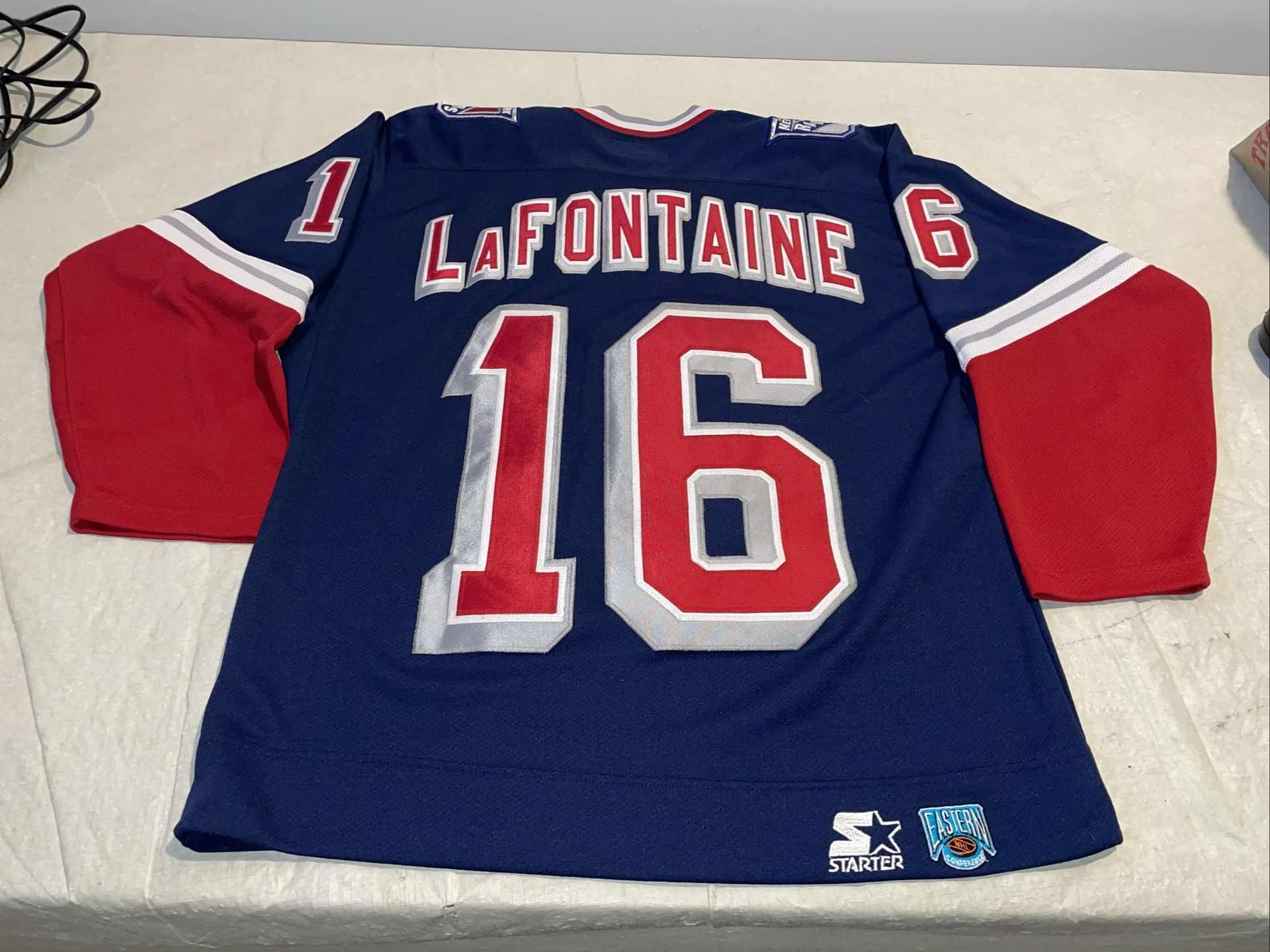 Pat LaFontaine Lady liberty Rangers Jersey Mens Medium Vintage Clean Blue Sewn