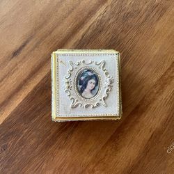Victorian Square Shaped Hinged Trinket Box - Enameled Metal Highlighted by Cameo