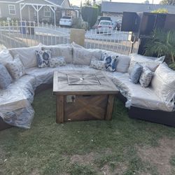 Brand New Patio Outdoor Furniture Set With Fire Pit Sunbrella Fabric 
