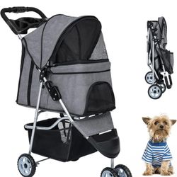 3 Wheels Pet Stroller, Foldable Dog Cat Cage Jogger Stroller with Weather Cover for All-Season, Storage Basket and Cup Holder, Breathable and Visible 