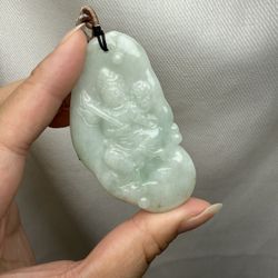 Certified Burma Jadeite Jade Engraved Bodhisattva Pendant Cord Necklace 
