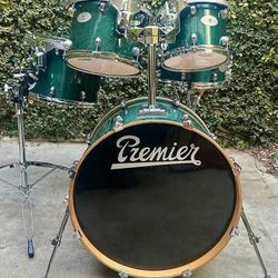 Premier Green Artist Birch 5 piece Drum Set Shell Pack. 10" 12" 14" toms. 22" bass drum. 14" snare.