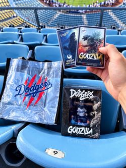 Dodgers Godzilla Bobblehead, Card, and bag
