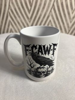 Funny scary Halloween F-CAW-F skeletons and crow bird mug