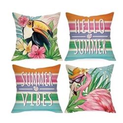 Fahrendom Spring Summer Hello Sunshine Decorative Throw Pillow Covers 18 x 18 Set of 4, Here Comes The Sun Sea Ocean Porch Patio Outdoor Pillowcase, S
