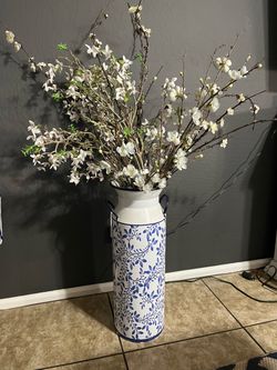 Blue and White Milk Can with Faux Flowers / Farmhouse Decor