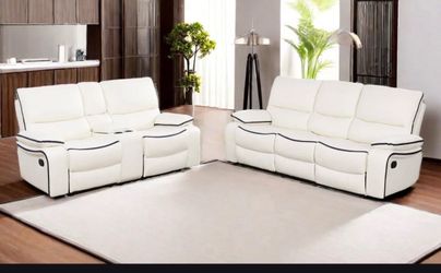 White leather fully reclining couch and love seat