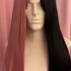 Color Split Pink And Black Straight Long Drag Queen Costume Show Wig 