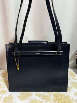 Vintage Bally Navy Solid Leather Tote Bag Gold-tone Charm/Hardware Made in Italy