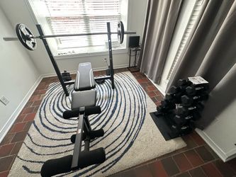 Complete Home Gym – Bench/Squat Rack + Barbell + 250 LB Weights – $495 OBO