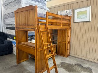 Wood Loft Bed with Desk and Storage