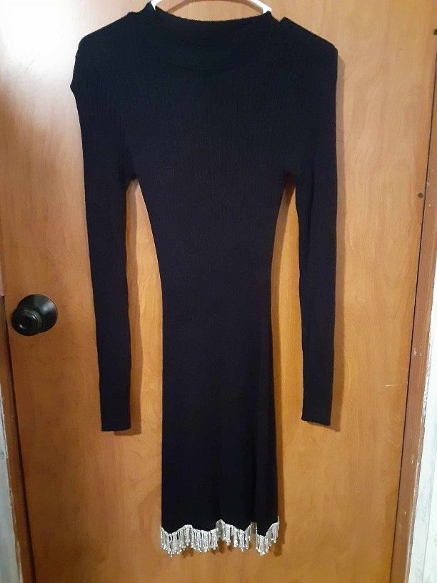 Women's Forever 21 Black Long Sleeve Dress With Rhinestone Fringes Size Small