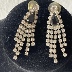 VTG Womens Black  Tear Drop Dangle Rhinestones Chandelier Earrings, Size 2”