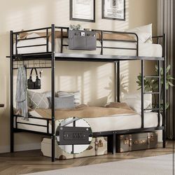 New in box-Bunk Bed,Bunk Bed Twin Over Twin with Power Outlet and LED Lights,Heavy-Duty Safety Metal Rails Ladder,Space-Saving Design with Storage Hoo
