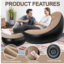 Inflatable Chair, Inflatable Folding Sofa with Ottoman Portable Inflatable Couch with Flocked Surface Comfortable Blow Up Air Chair with Foot Pump for
