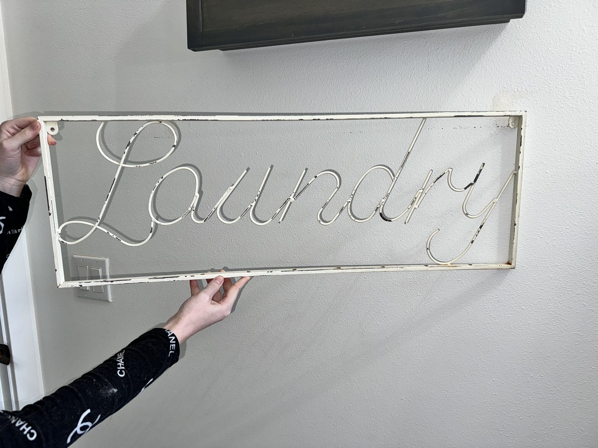 Laundry Iron Metal Sign Laundry Room Home Wall Decor Farmhouse Shabby Chic Off White Distressed 