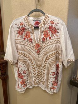 Johnny Was Women Rianne White 100% Linen Floral Embroidery Boho Blouse Size XL