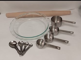 Pyrex 9.5"  glass deep dish fluted pie plate rolling pin measuring spoons cups $15 FIRM