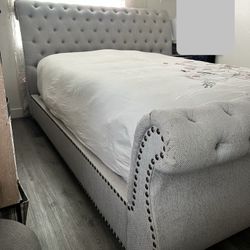Elegant Gray Tufted Upholstered King Bed Frame | $300