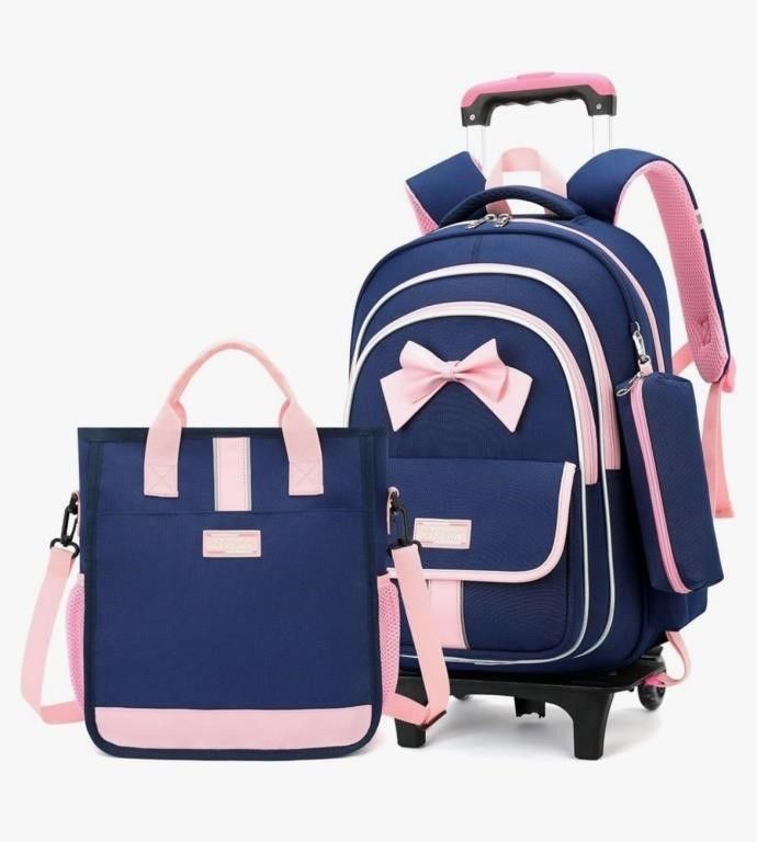 NEW Blue W Pink Backpack On Wheels W Shoulder Bag & Smaller Roll Bag