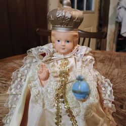 Liquinet 1989 Baby Jesus Jointed Nativity Doll 12" Lights Up,  Clothed Blonde Hair Blue Eyes