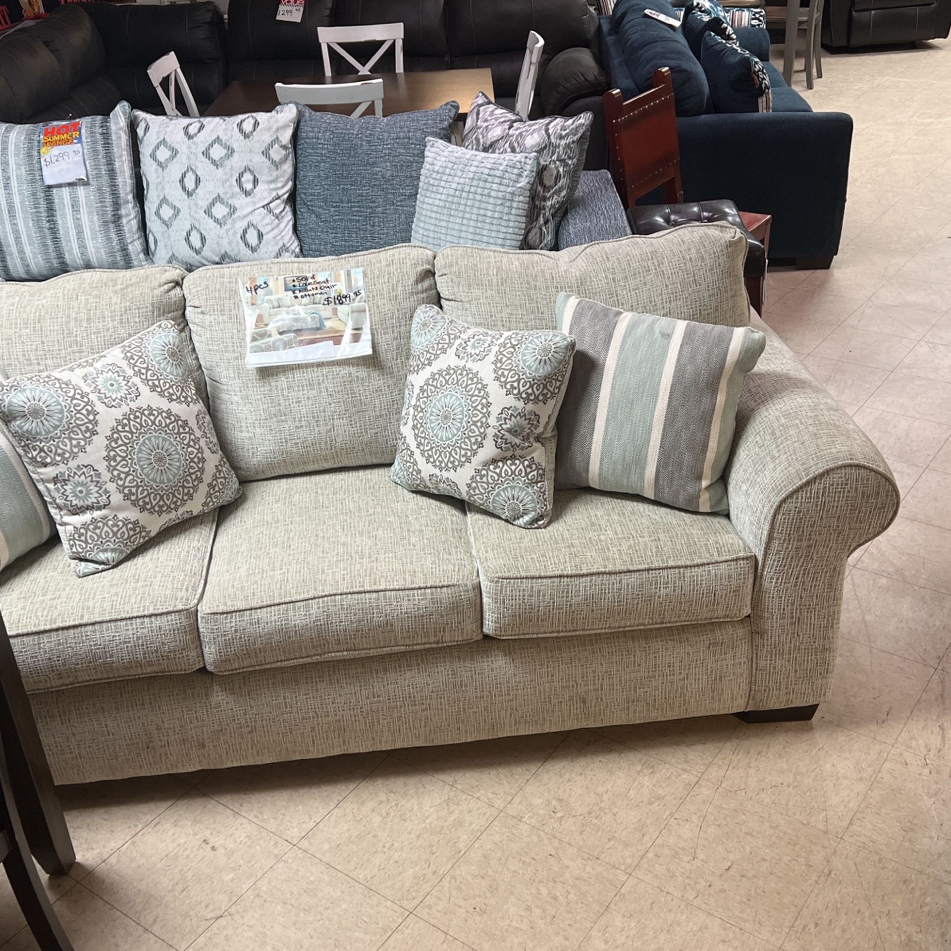 Brand new couch 599 brand new loveseat 599 brand new cocktail ottoman $250 brand new accent chair 399