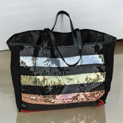 Victoria’s Secret Large Black Sequin Striped Logo Canvas Travel Tote Bag