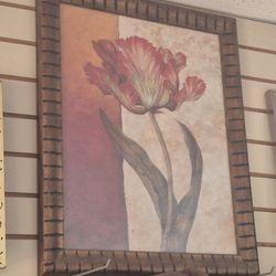 framed artwork single, large red tulip with a prominent stem and leaves