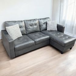 GREY LEATHER SECTIONAL COUCH 