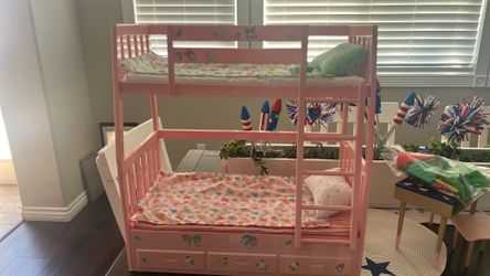 Doll bunk bed, desk with accessories, doll and clothes